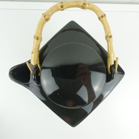 Asian Black and Beige 5pc Ceramic Tea Set Floral Design Bamboo Handle - Picture 6 of 14